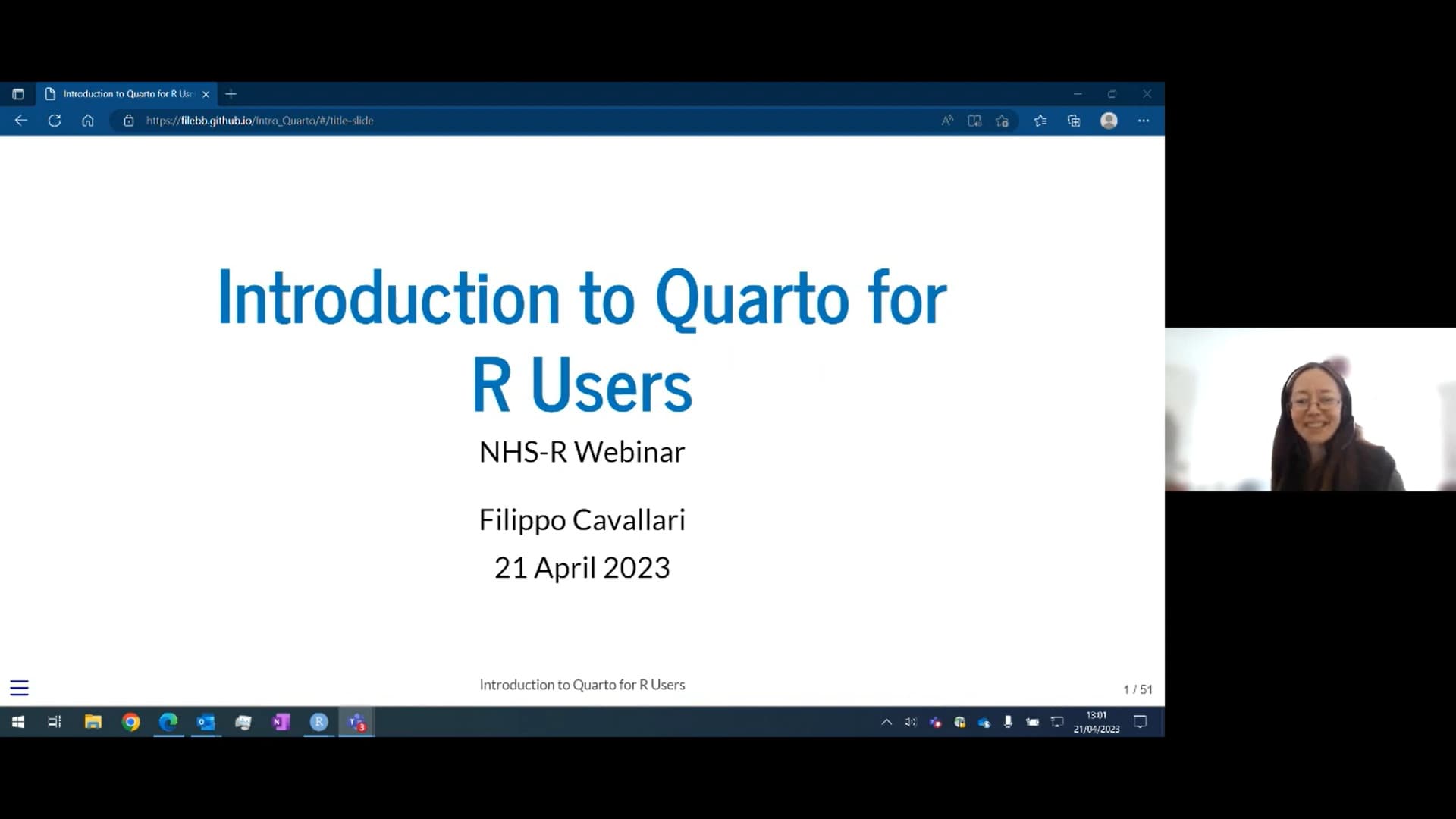 April 2023 NHS-R Webinar: Introduction to Quarto for R Users with Filippo Cavallari (57:16)